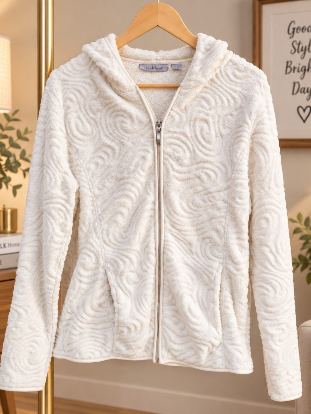 Jason Maxwell Women's M Ivory Embossed Plush Fleece Full Zip Hooded Jacket